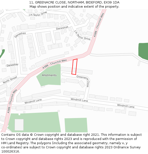 11, GREENACRE CLOSE, NORTHAM, BIDEFORD, EX39 1DA: Location map and indicative extent of plot