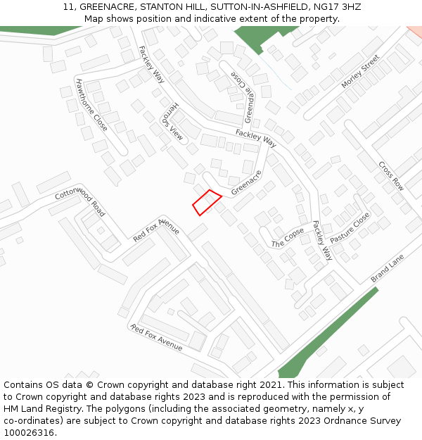 11, GREENACRE, STANTON HILL, SUTTON-IN-ASHFIELD, NG17 3HZ: Location map and indicative extent of plot