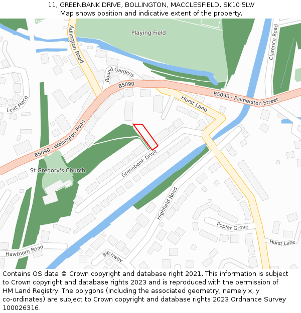 11, GREENBANK DRIVE, BOLLINGTON, MACCLESFIELD, SK10 5LW: Location map and indicative extent of plot