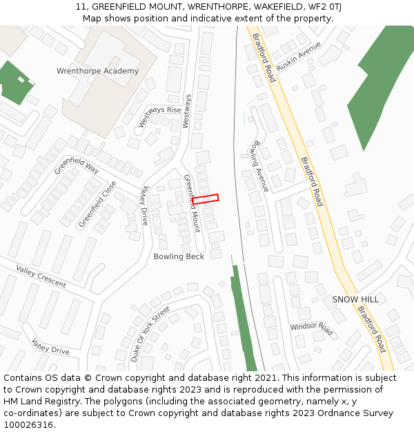 11, GREENFIELD MOUNT, WRENTHORPE, WAKEFIELD, WF2 0TJ: Location map and indicative extent of plot