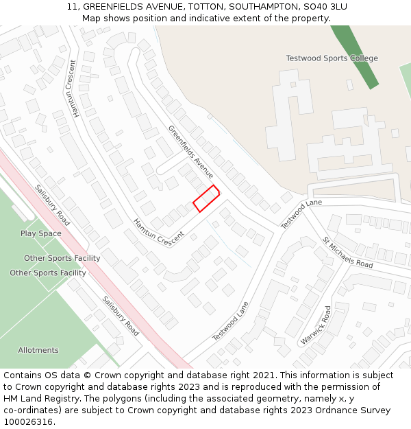 11, GREENFIELDS AVENUE, TOTTON, SOUTHAMPTON, SO40 3LU: Location map and indicative extent of plot