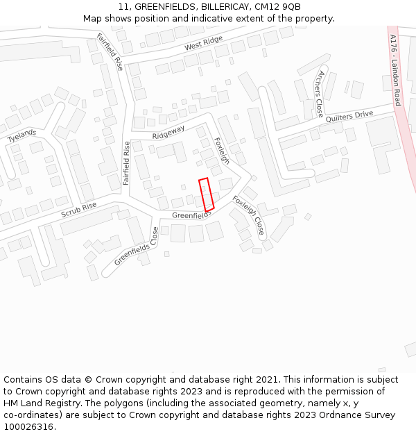 11, GREENFIELDS, BILLERICAY, CM12 9QB: Location map and indicative extent of plot