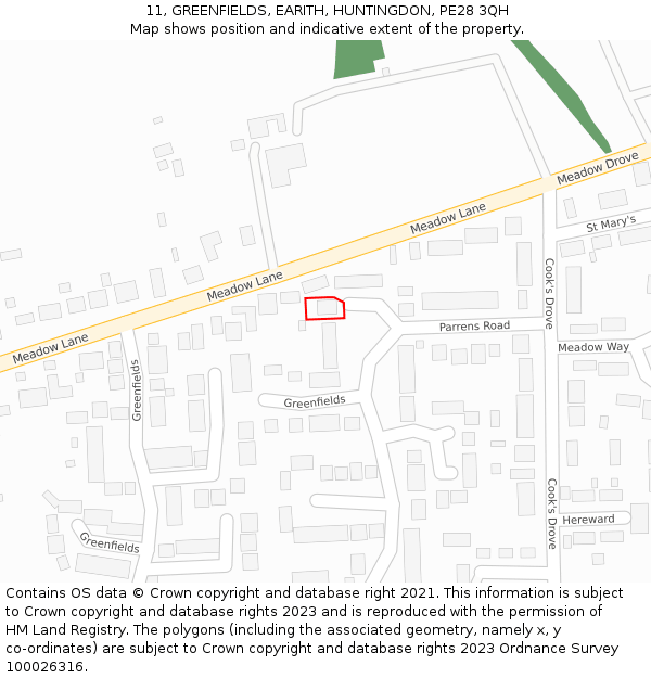 11, GREENFIELDS, EARITH, HUNTINGDON, PE28 3QH: Location map and indicative extent of plot