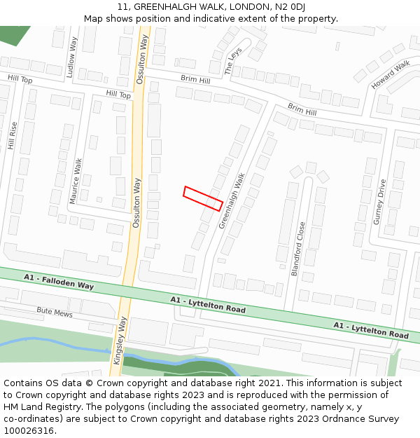 11, GREENHALGH WALK, LONDON, N2 0DJ: Location map and indicative extent of plot