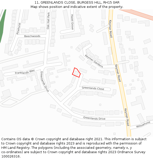 11, GREENLANDS CLOSE, BURGESS HILL, RH15 0AR: Location map and indicative extent of plot