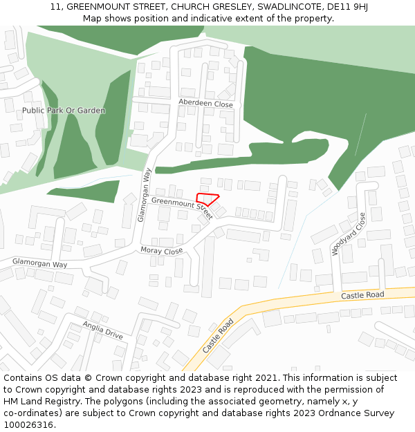 11, GREENMOUNT STREET, CHURCH GRESLEY, SWADLINCOTE, DE11 9HJ: Location map and indicative extent of plot