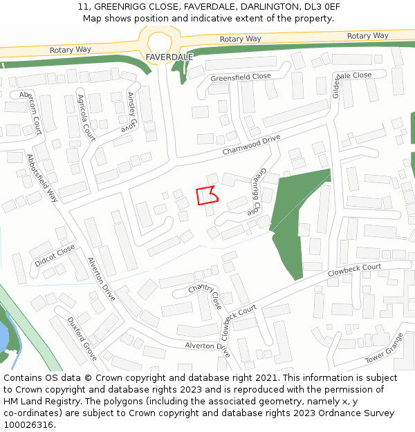 11, GREENRIGG CLOSE, FAVERDALE, DARLINGTON, DL3 0EF: Location map and indicative extent of plot