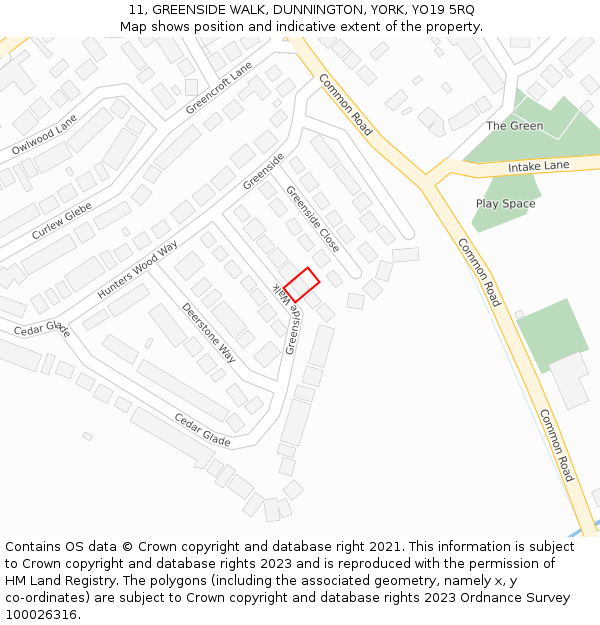 11, GREENSIDE WALK, DUNNINGTON, YORK, YO19 5RQ: Location map and indicative extent of plot