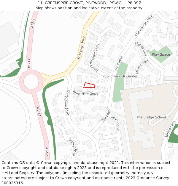 11, GREENSPIRE GROVE, PINEWOOD, IPSWICH, IP8 3SZ: Location map and indicative extent of plot