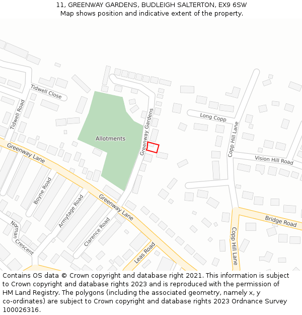 11, GREENWAY GARDENS, BUDLEIGH SALTERTON, EX9 6SW: Location map and indicative extent of plot