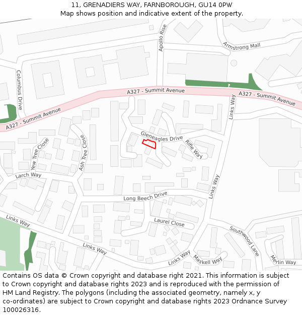 11, GRENADIERS WAY, FARNBOROUGH, GU14 0PW: Location map and indicative extent of plot