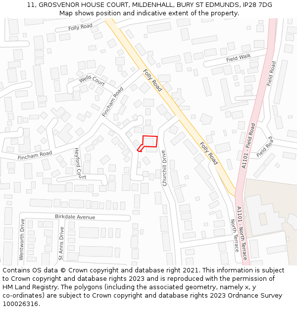 11, GROSVENOR HOUSE COURT, MILDENHALL, BURY ST EDMUNDS, IP28 7DG: Location map and indicative extent of plot