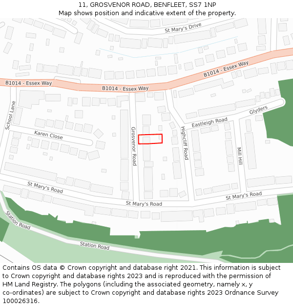 11, GROSVENOR ROAD, BENFLEET, SS7 1NP: Location map and indicative extent of plot