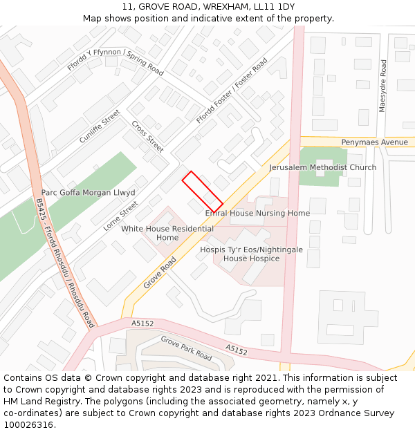 11, GROVE ROAD, WREXHAM, LL11 1DY: Location map and indicative extent of plot