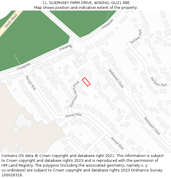 11, GUERNSEY FARM DRIVE, WOKING, GU21 4BE: Location map and indicative extent of plot