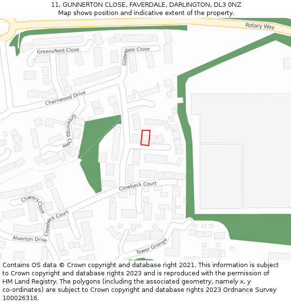 11, GUNNERTON CLOSE, FAVERDALE, DARLINGTON, DL3 0NZ: Location map and indicative extent of plot