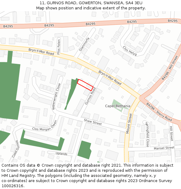 11, GURNOS ROAD, GOWERTON, SWANSEA, SA4 3EU: Location map and indicative extent of plot