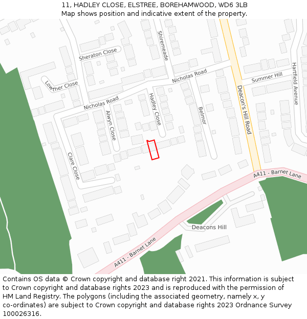 11, HADLEY CLOSE, ELSTREE, BOREHAMWOOD, WD6 3LB: Location map and indicative extent of plot