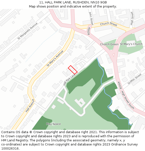 11, HALL PARK LANE, RUSHDEN, NN10 9GB: Location map and indicative extent of plot