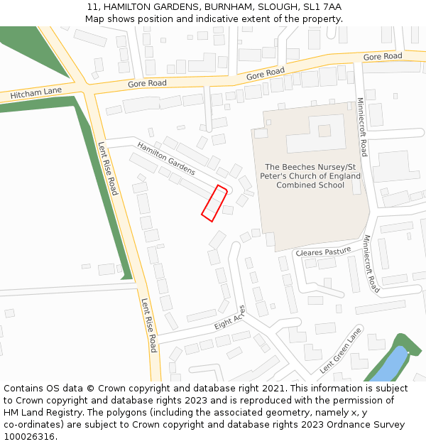 11, HAMILTON GARDENS, BURNHAM, SLOUGH, SL1 7AA: Location map and indicative extent of plot