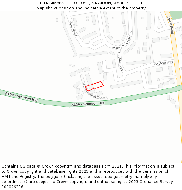 11, HAMMARSFIELD CLOSE, STANDON, WARE, SG11 1PG: Location map and indicative extent of plot