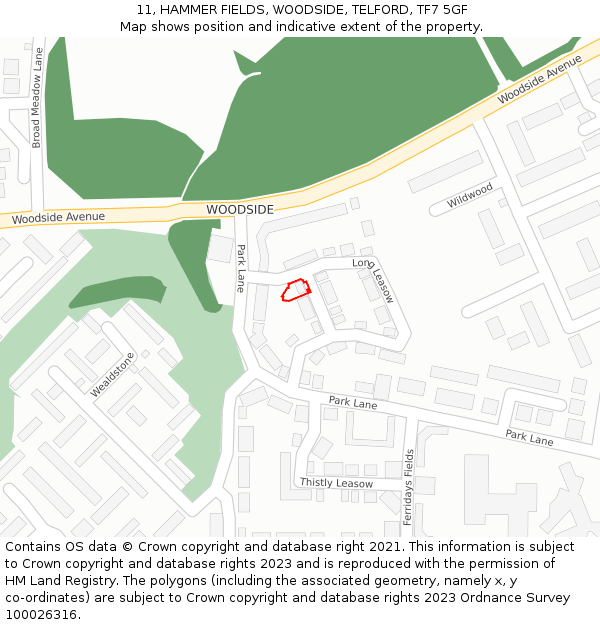 11, HAMMER FIELDS, WOODSIDE, TELFORD, TF7 5GF: Location map and indicative extent of plot
