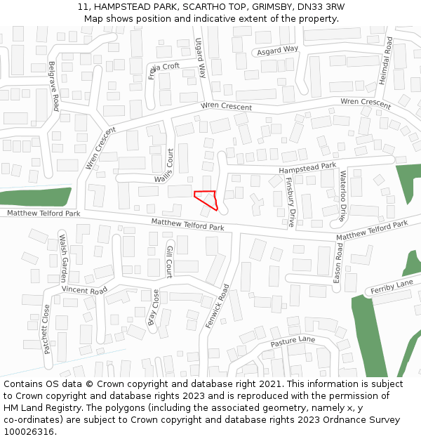 11, HAMPSTEAD PARK, SCARTHO TOP, GRIMSBY, DN33 3RW: Location map and indicative extent of plot