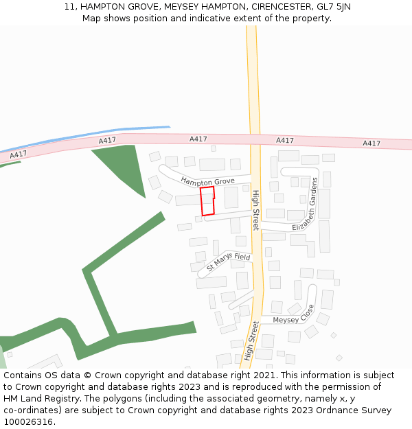 11, HAMPTON GROVE, MEYSEY HAMPTON, CIRENCESTER, GL7 5JN: Location map and indicative extent of plot