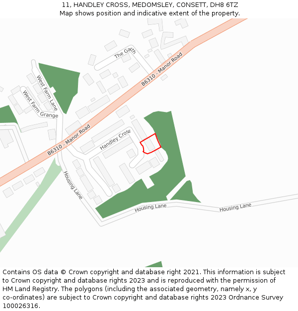 11, HANDLEY CROSS, MEDOMSLEY, CONSETT, DH8 6TZ: Location map and indicative extent of plot