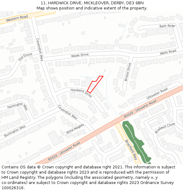 11, HARDWICK DRIVE, MICKLEOVER, DERBY, DE3 9BN: Location map and indicative extent of plot