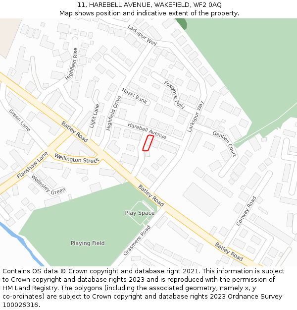 11, HAREBELL AVENUE, WAKEFIELD, WF2 0AQ: Location map and indicative extent of plot