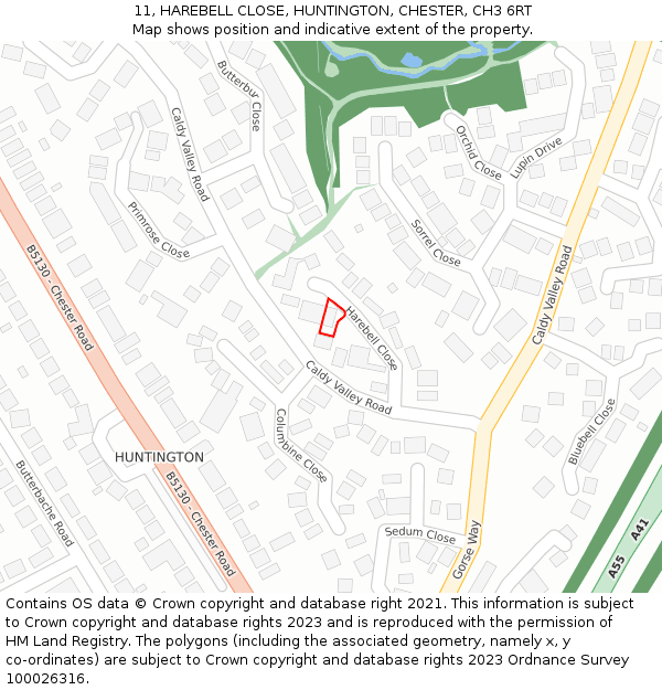 11, HAREBELL CLOSE, HUNTINGTON, CHESTER, CH3 6RT: Location map and indicative extent of plot