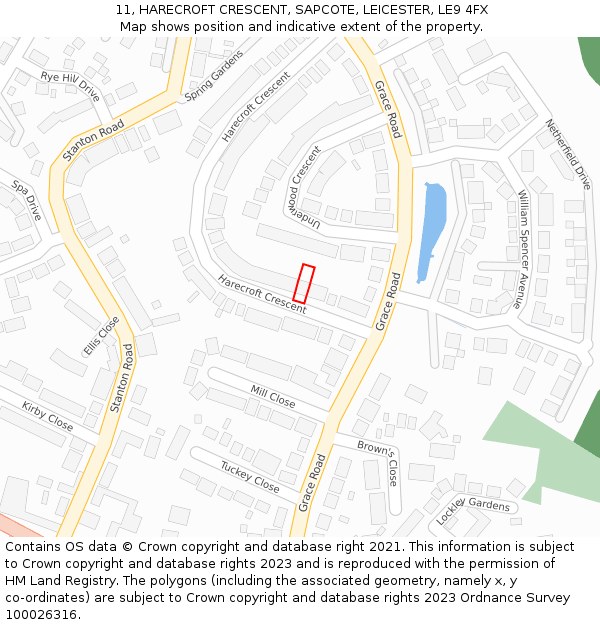 11, HARECROFT CRESCENT, SAPCOTE, LEICESTER, LE9 4FX: Location map and indicative extent of plot