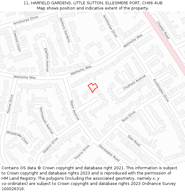 11, HARFIELD GARDENS, LITTLE SUTTON, ELLESMERE PORT, CH66 4UB: Location map and indicative extent of plot