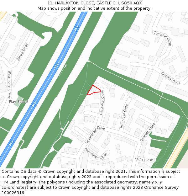 11, HARLAXTON CLOSE, EASTLEIGH, SO50 4QX: Location map and indicative extent of plot