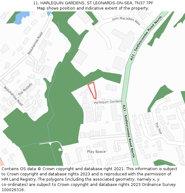 11, HARLEQUIN GARDENS, ST LEONARDS-ON-SEA, TN37 7PF: Location map and indicative extent of plot