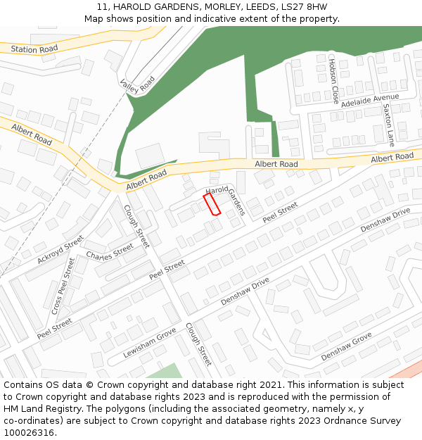 11, HAROLD GARDENS, MORLEY, LEEDS, LS27 8HW: Location map and indicative extent of plot