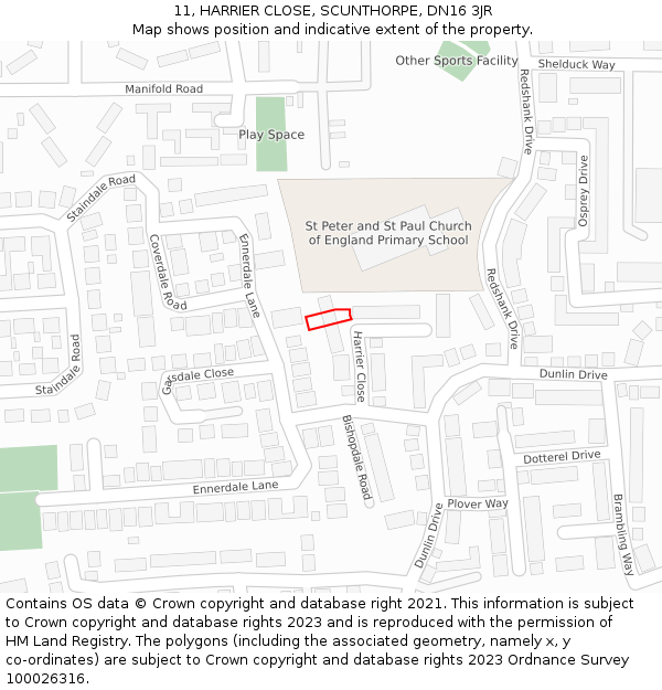 11, HARRIER CLOSE, SCUNTHORPE, DN16 3JR: Location map and indicative extent of plot