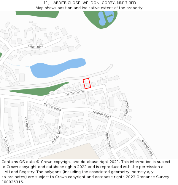 11, HARRIER CLOSE, WELDON, CORBY, NN17 3FB: Location map and indicative extent of plot