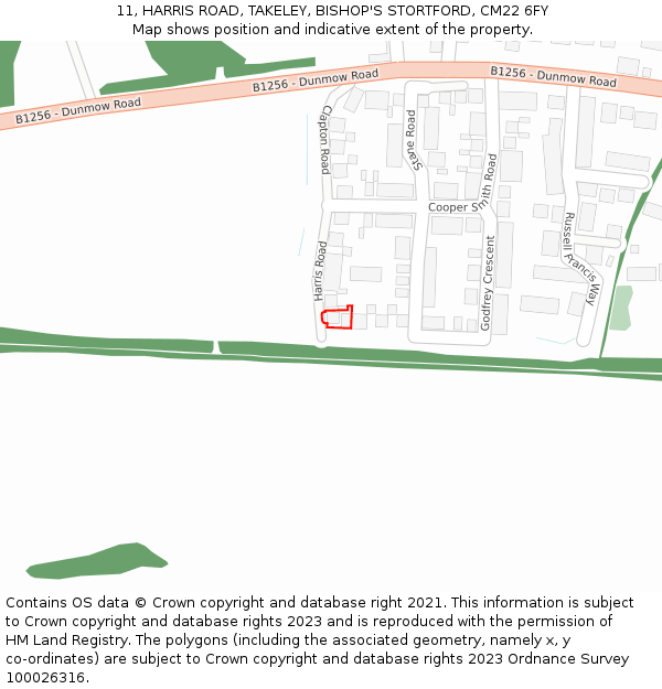 11, HARRIS ROAD, TAKELEY, BISHOP'S STORTFORD, CM22 6FY: Location map and indicative extent of plot