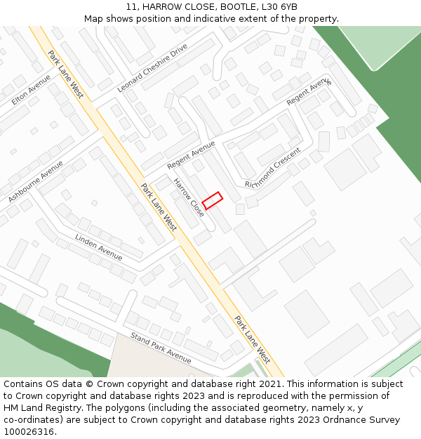 11, HARROW CLOSE, BOOTLE, L30 6YB: Location map and indicative extent of plot