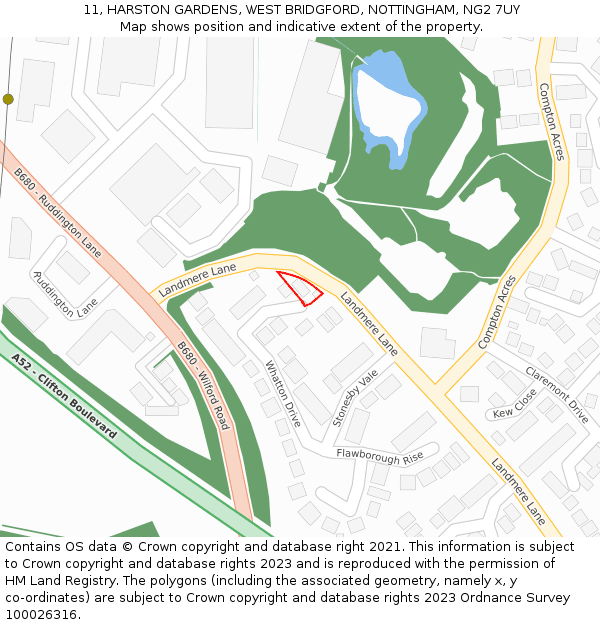 11, HARSTON GARDENS, WEST BRIDGFORD, NOTTINGHAM, NG2 7UY: Location map and indicative extent of plot