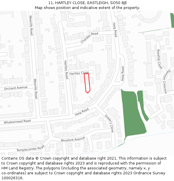 11, HARTLEY CLOSE, EASTLEIGH, SO50 8JE: Location map and indicative extent of plot