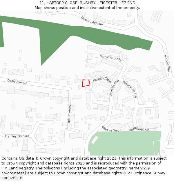 11, HARTOPP CLOSE, BUSHBY, LEICESTER, LE7 9ND: Location map and indicative extent of plot