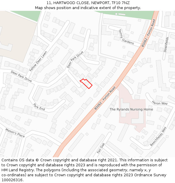 11, HARTWOOD CLOSE, NEWPORT, TF10 7NZ: Location map and indicative extent of plot