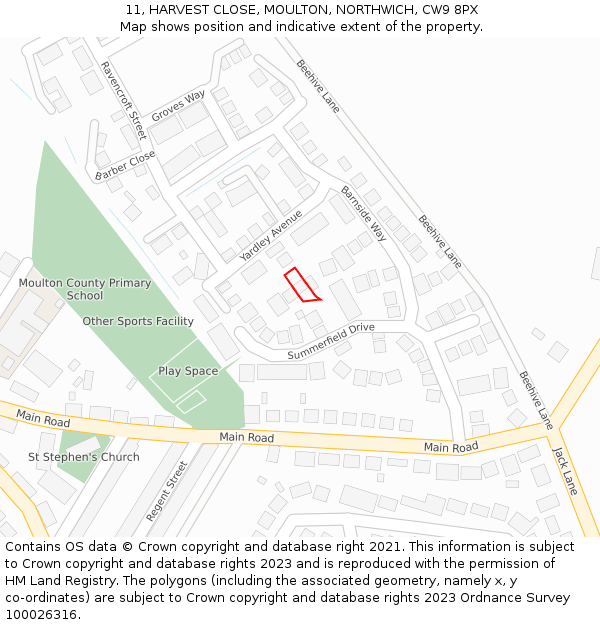 11, HARVEST CLOSE, MOULTON, NORTHWICH, CW9 8PX: Location map and indicative extent of plot