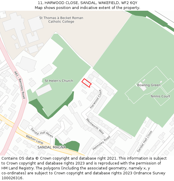 11, HARWOOD CLOSE, SANDAL, WAKEFIELD, WF2 6QY: Location map and indicative extent of plot