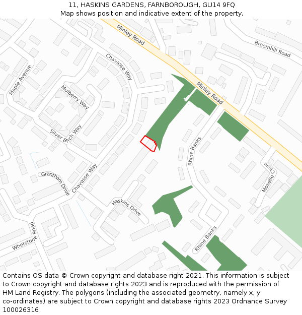 11, HASKINS GARDENS, FARNBOROUGH, GU14 9FQ: Location map and indicative extent of plot