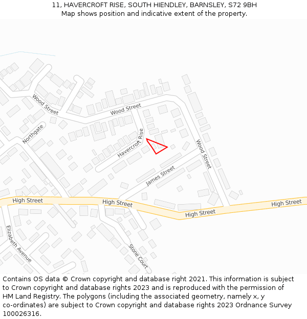 11, HAVERCROFT RISE, SOUTH HIENDLEY, BARNSLEY, S72 9BH: Location map and indicative extent of plot
