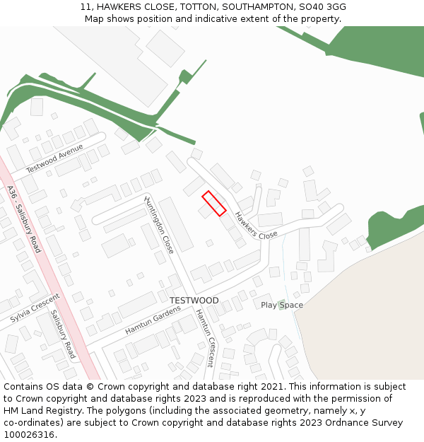 11, HAWKERS CLOSE, TOTTON, SOUTHAMPTON, SO40 3GG: Location map and indicative extent of plot